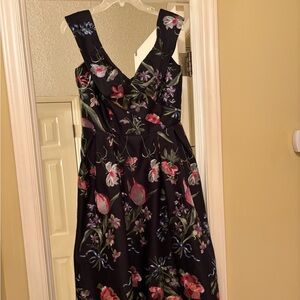 Floral Embroidered Black Tea Length Dress